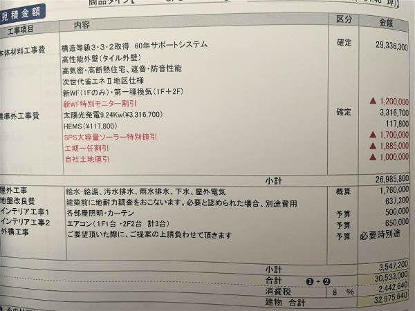 セキスイハイムの見積書